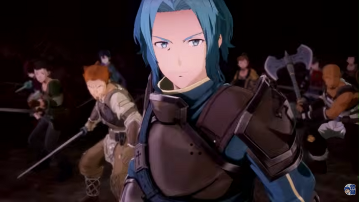 Echoes of Aincradのバトルシーン。炎エフェクトの中で敵と剣を交える主人公