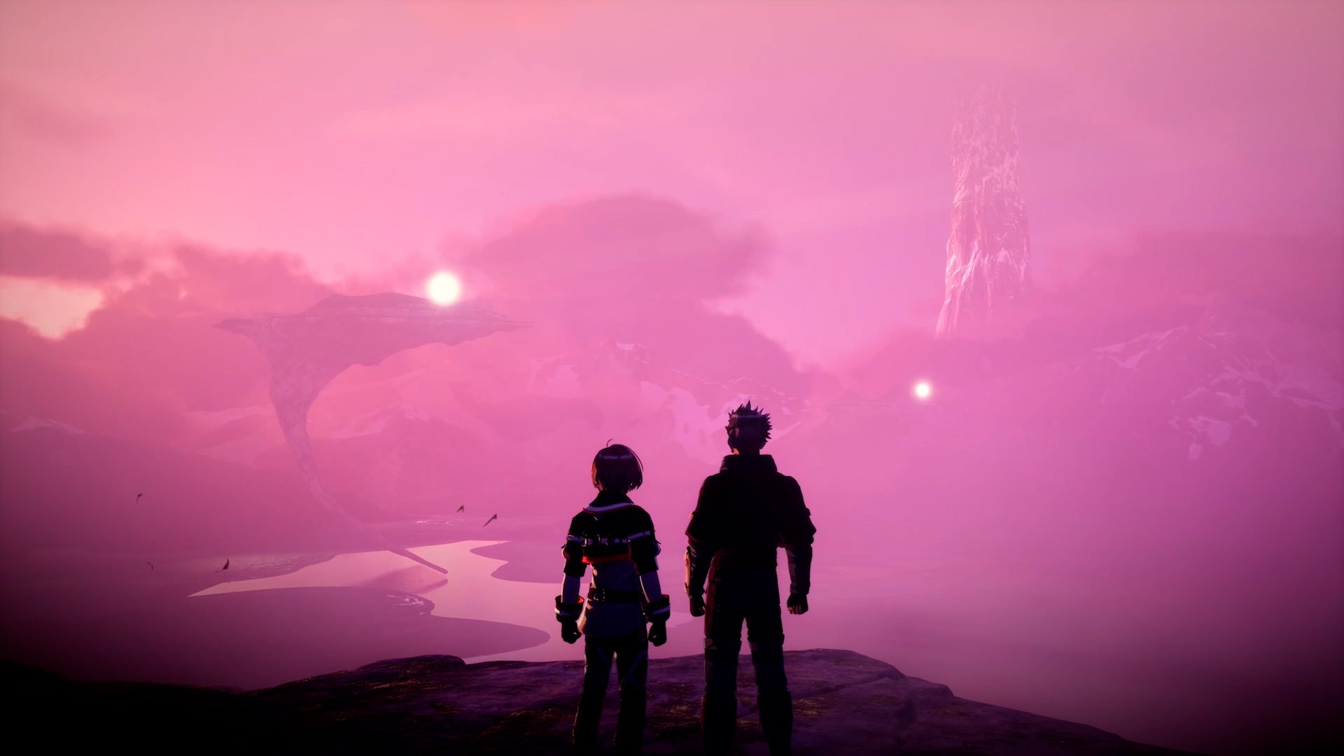 Echoes of Aincradのゲーム画面。アバター2人が霧に包まれたアインクラッドの景色を望むシーン