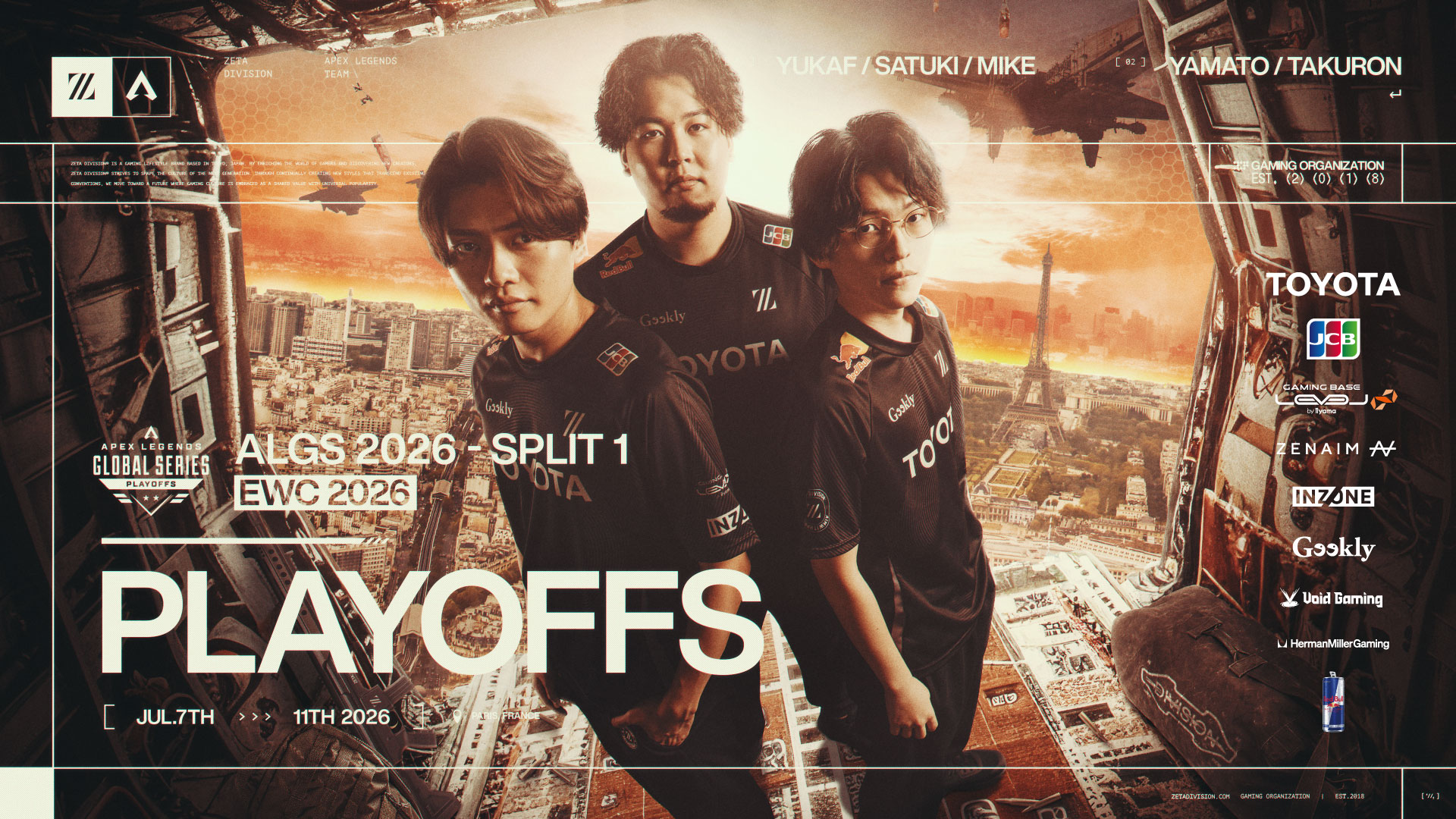 ALGS EWC2026 Split1 Playoffsに出場したZETA DIVISIONのYukaF・Satuki・Mike選手（Apex Legends部門）