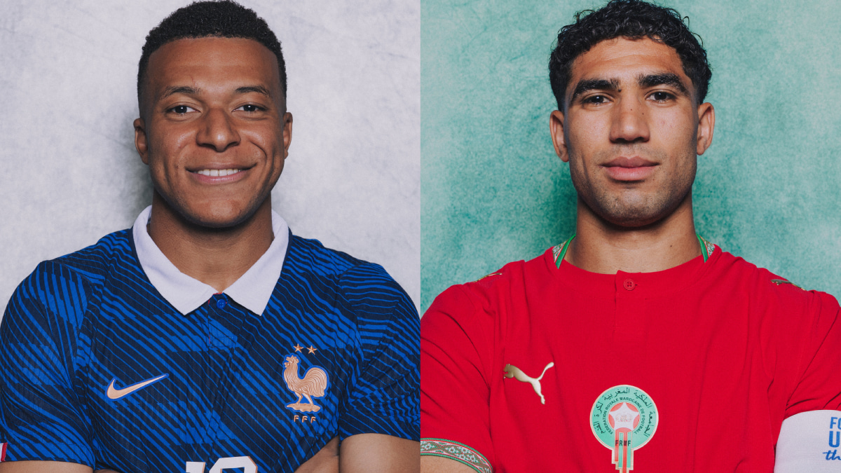 フランス代表キリアン・エムバペとモロッコ代表選手の対戦カードビジュアル(W杯2026準々決勝)