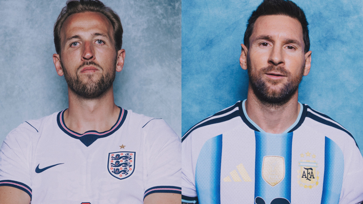 公式ポートレートのイングランド代表ハリー・ケイン(左)とアルゼンチン代表リオネル・メッシ(右)、W杯2026準決勝の両主将