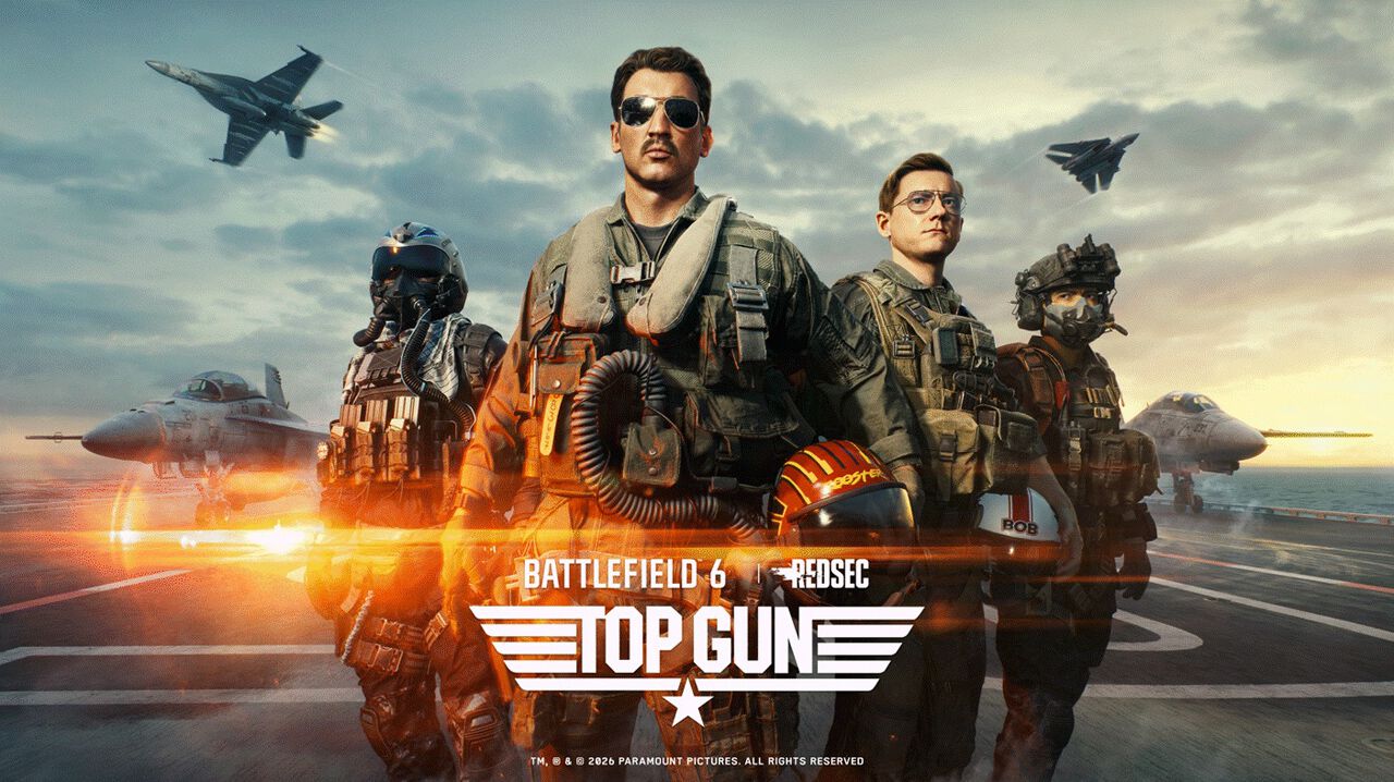 バトルフィールド6&times;トップガンコラボのキーアート、ルースターとボブら4人のキャラクターが空母甲板に立つ