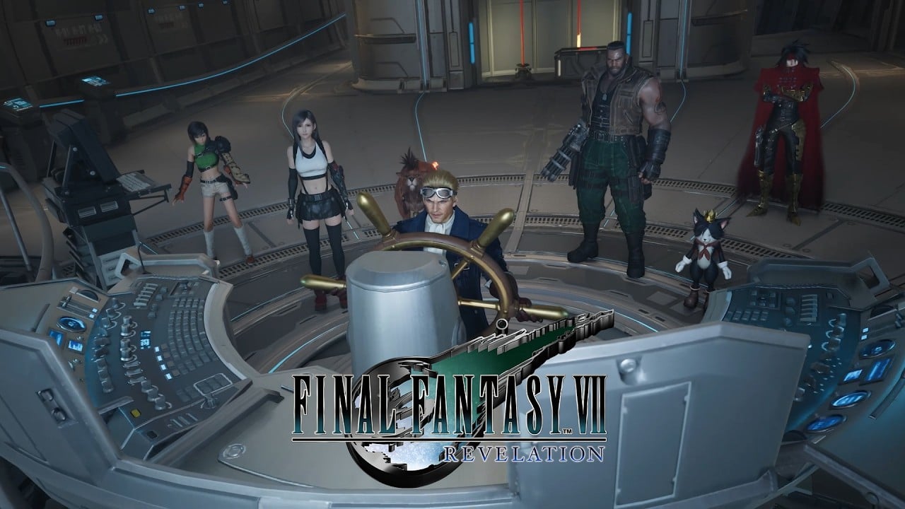ファイナルファンタジーVII リベレーションのタイトルロゴとハイウインド操舵室に集まったクラウド・ティファ・シド・ヴィンセントら仲間たち