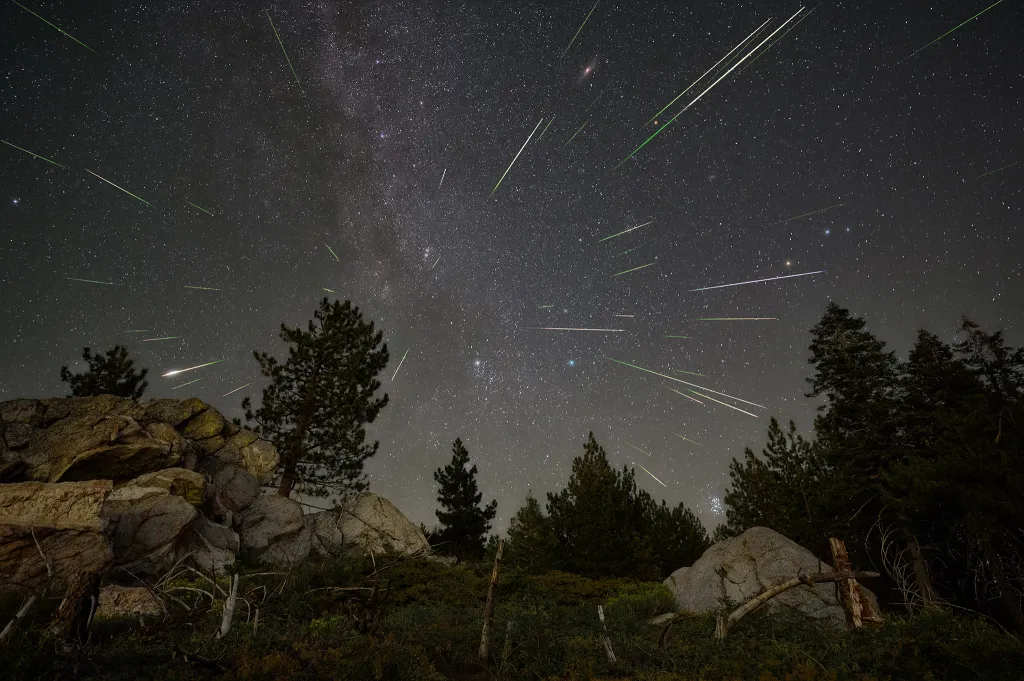 ペルセウス座流星群2026で夜空に流れる複数の流れ星を捉えた合成写真