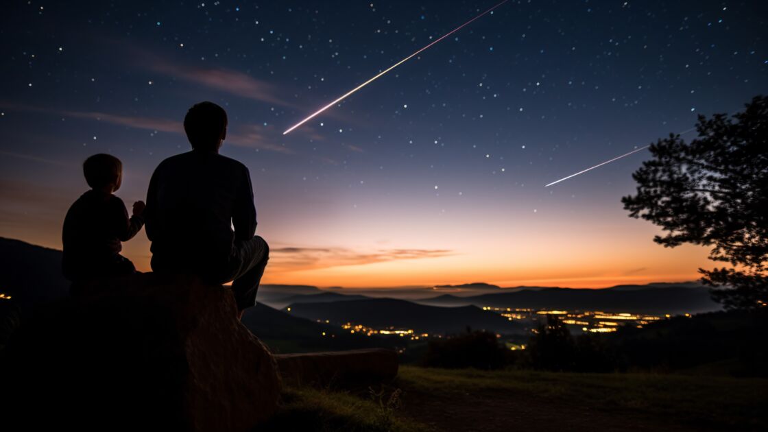 夜空を見上げてペルセウス座流星群の流れ星を観察する親子のシルエット