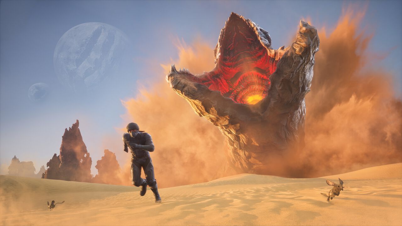 Dune Awakeningでアラキスの砂漠を巨大サンドワームから逃げるプレイヤーキャラクターのゲーム画面