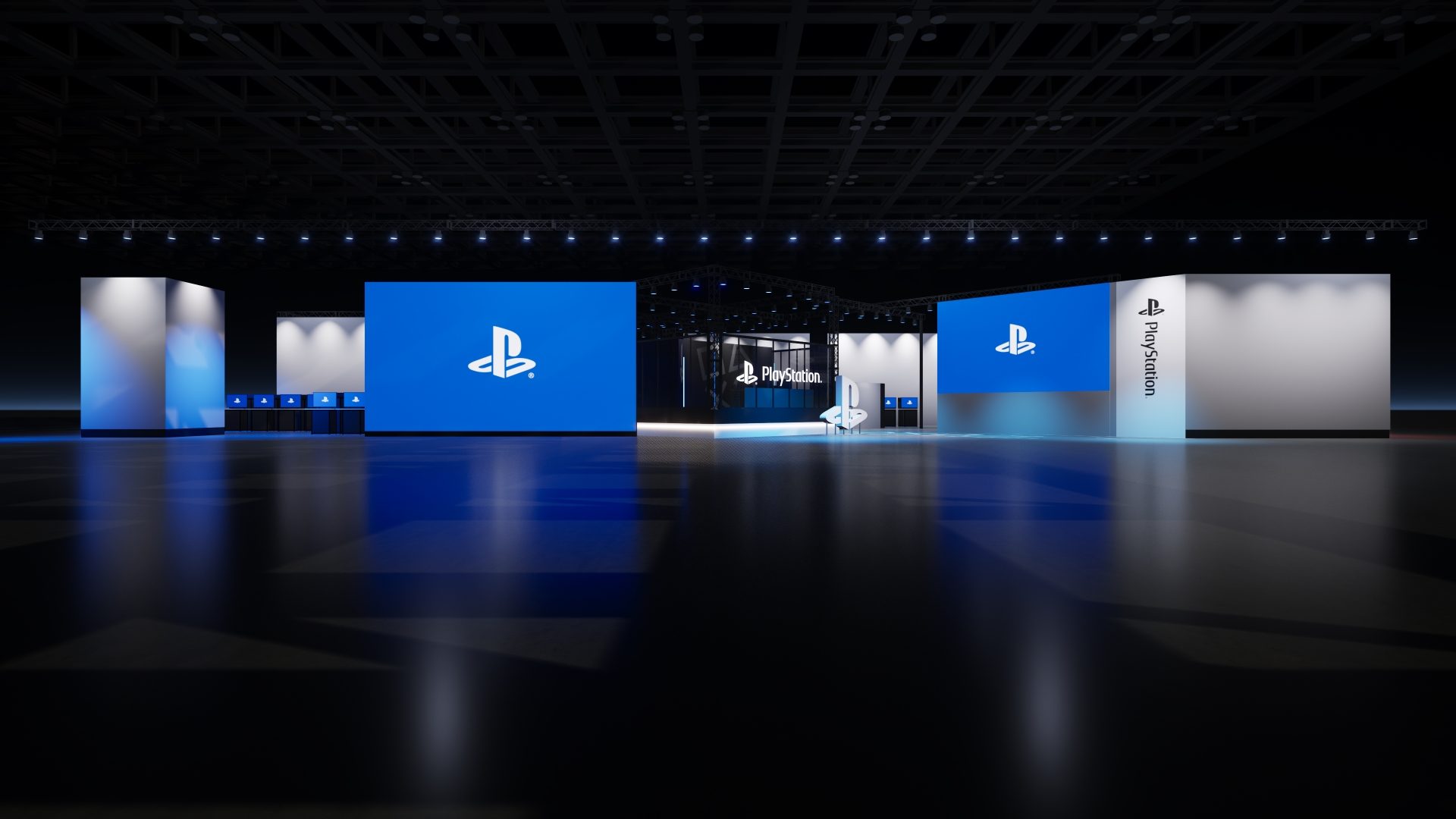東京ゲームショウ2026のPlayStationブース会場イメージ。ブルーのPlayStationロゴを掲げた複数のディスプレイパネルが並ぶ展示スペースのCGパース