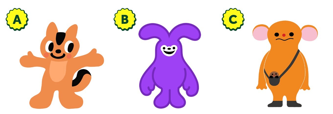 Suicaの新キャラクター候補3案、オレンジのリス(A案)・紫のウサギ(B案)・モグラを連れたキャラクター(C案)が並んだ公式ビジュアル