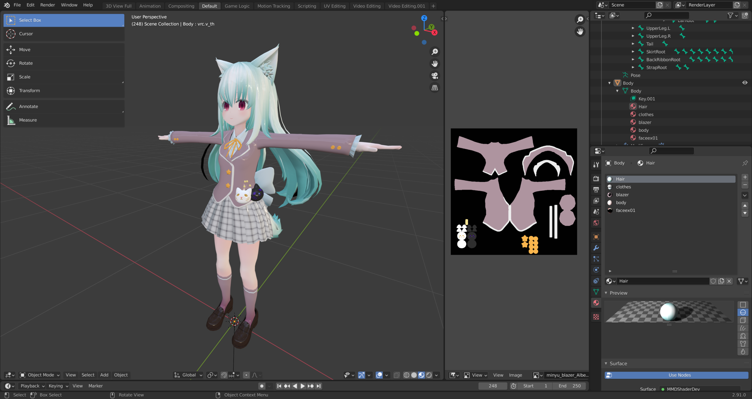 VRChatで使われる3Dアバターキャラクターの制作画面（Blender）。声からアバター診断がおすすめするのもこうした既成のVRChat向けアバター