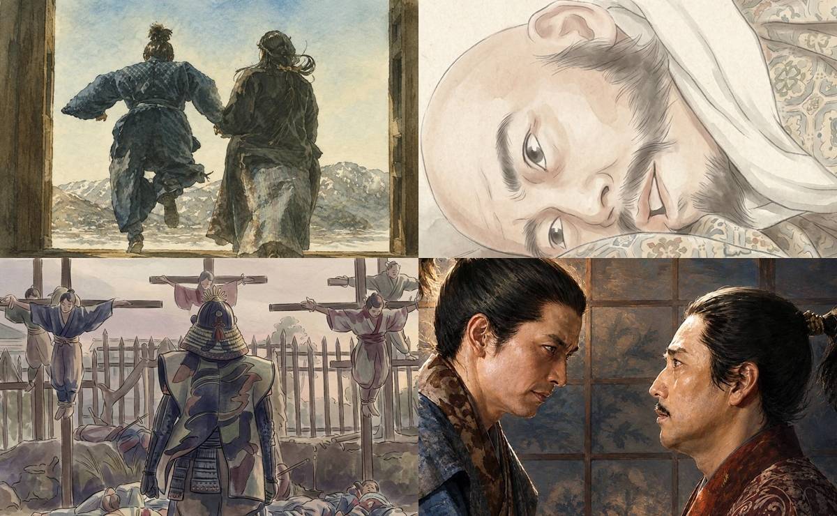 豊臣兄弟の史実との違いを比較したイラスト。ドラマの逃亡シーンや磔のシーン、秀長と秀吉の対話シーンがコラージュで並ぶ