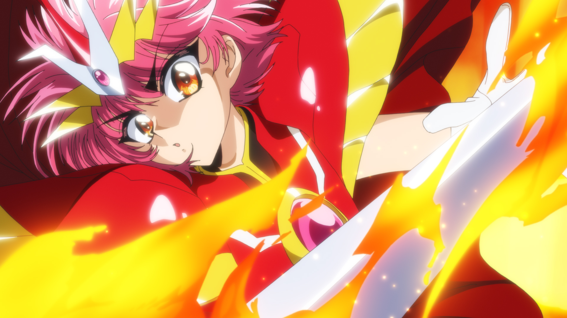 魔法騎士レイアース新作アニメの戦闘シーンカット、主人公が魔法剣を構えるカット